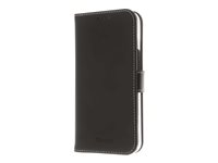 Insmat Exclusive - Flipomslag til mobiltelefon - ægte læder, termoplastisk polyuretan (TPU), karton+papir+aluminiumsfolie, bomuldssyninger - sort - for Apple iPhone 13 650-3001
