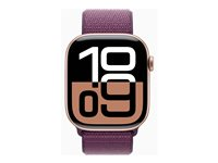 Apple Watch Series 10 (GPS) - 42 mm - roseguldaluminium - smart ur med sportsløkke - blød dobbeltlagsnylon - blomme - håndledsstørrelse: 130-200 mm - 64 GB - Wi-Fi 4, UWB, Bluetooth - 30 g MWWK3QN/A