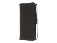 Insmat Exclusive - Flipomslag til mobiltelefon - ægte læder, termoplastisk polyuretan (TPU), karton+papir+aluminiumsfolie, bomuldssyninger - sort - for Apple iPhone 13 mini 650-3000