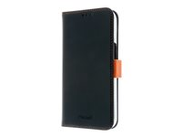 Insmat Exclusive - Flipomslag til mobiltelefon - ægte læder, polykarbonat, karton+papir+aluminiumsfolie - sort, orange - for Apple iPhone 15 650-3192