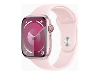 Apple Watch Series 9 (GPS + Cellular) - 45 mm - pink aluminium - smart ur med sportsbånd - fluoroelastomer - lys pink - båndstørrelse: S/M - 64 GB - Wi-Fi, Bluetooth, UWB, LTE - 4G - 39 g MRMK3DH/A