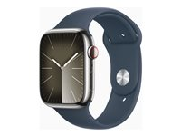 Apple Watch Series 9 (GPS + Cellular) - 45 mm - sølv rustfrit stål - smart ur med sportsbånd - fluoroelastomer - stormblå - båndstørrelse: S/M - 64 GB - Wi-Fi, Bluetooth, UWB, LTE - 4G - 51.5 g MRMN3DH/A