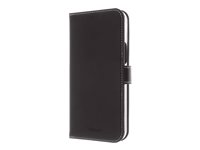 Insmat Exclusive - Flipomslag til mobiltelefon - ægte læder, termoplastisk polyuretan (TPU), karton+papir+aluminiumsfolie, bomuldssyninger - sort - for Apple iPhone 13 Pro Max 650-3003