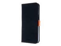 Insmat Exclusive - Flipomslag til mobiltelefon - ægte læder, polykarbonat, karton+papir+aluminiumsfolie, bomuldssyninger - sort/orange - for Apple iPhone 15 Pro Max 650-3195