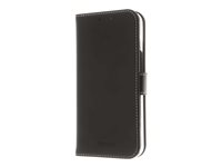 Insmat Exclusive - Flipomslag til mobiltelefon - ægte læder, polykarbonat, bomuldssyninger, pap+papir - sort - for Apple iPhone 14 Plus 650-3105