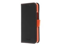 Insmat Exclusive Flip Case - Flipomslag til mobiltelefon - ægte læder, polykarbonat, bomuldssyninger, pap+papir - sort og orange - for Apple iPhone 14 Pro 650-3114
