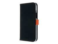 Insmat Exclusive - Flipomslag til mobiltelefon - ægte læder, polykarbonat, karton+papir+aluminiumsfolie, bomuldssyninger - sort/orange - for Apple iPhone 15 Plus 650-3193