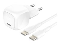 Belkin BoostCharge - Strømforsyningsadapter - kompakt - 20 Watt - Fast Charge, PD 3.1/PPS (24 pin USB-C) - på kabel: USB-C - hvid - med USB-C-kabel (1 m) WCA009KQ1MWH-B6
