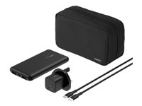Belkin BoostCharge - Powerbank + AC-strømadapter - 10000 mAh - 3 output-stikforbindelser (24 pin USB-C, 2 x USB) - på kabel: USB-C - United Kingdom - med med lynlås etui BU041MYBK