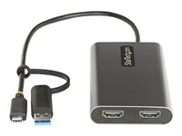 StarTech.com USB-C to Dual-HDMI Adapter, USB-C or A to 2x HDMI, 4K 60Hz, 100W PD Pass-Through, 1ft (30cm) Built-in Cable, External Video Graphics Adapter - USB to HDMI Multi-Monitor Converter for Laptop (109B-USBC-HDMI) - Videoadapter - TAA-kompatibel - USB Type A, 24 pin USB-C han til 2 x 19 pin HDMI Type A, 24 pin USB-C hun - 30 cm - grå - 4K support, aktiv 109B-USBC-HDMI