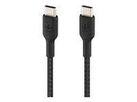 Belkin BoostCharge - USB-kabel - 24 pin USB-C (han) til 24 pin USB-C (han) - USB 2.0 - 20 V - 3 A - 15 cm - USB Power Delivery (60W), flettet kabel - sort CAB004BT0MBK