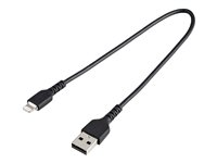 StarTech.com 12 in(30cm) Durable Black USB-A to Lightning Cable, Heavy Duty Rugged Aramid Fiber USB Type A to Lightning Charger/Sync Power Cord, Apple MFi Certified iPad/iPhone 12 Pro Max - iPhone 7/8/11/11 Pro - Lightning-kabel - USB han til Lightning han - 30 cm - sort RUSBLTMM30CMB