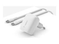 Belkin BoostCharge - Strømforsyningsadapter - 20 Watt - 3 A - Power Delivery 3.1, Fast Charge (24 pin USB-C) - på kabel: USB-C - MFI Certified - hvid - med USB-C til USB-C kabel WCA006VF1MWH-B6