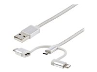 StarTech.com USB Multi Charging Cable - 3.3 ft / 1m - Lightning / USB-C / Micro-USB - Braided - MFi Certified - USB 2.0 - 3 in 1 Charging (LTCUB1MGR) - USB-kabel - USB (han) til Micro-USB Type B, Lightning, 24 pin USB-C (han) - 1 m - sølv LTCUB1MGR